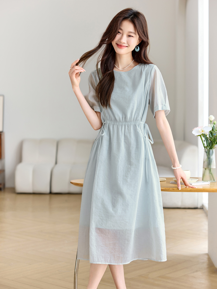 2025夏季新款韩版设计感口袋系带收腰显瘦短袖连衣裙女A字中长裙