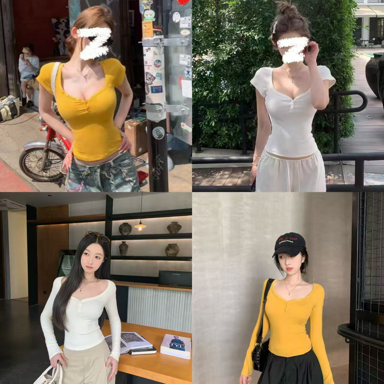 百搭新款纯欲桃心领正肩V领T恤女辣妹修身时尚长袖短款上衣女