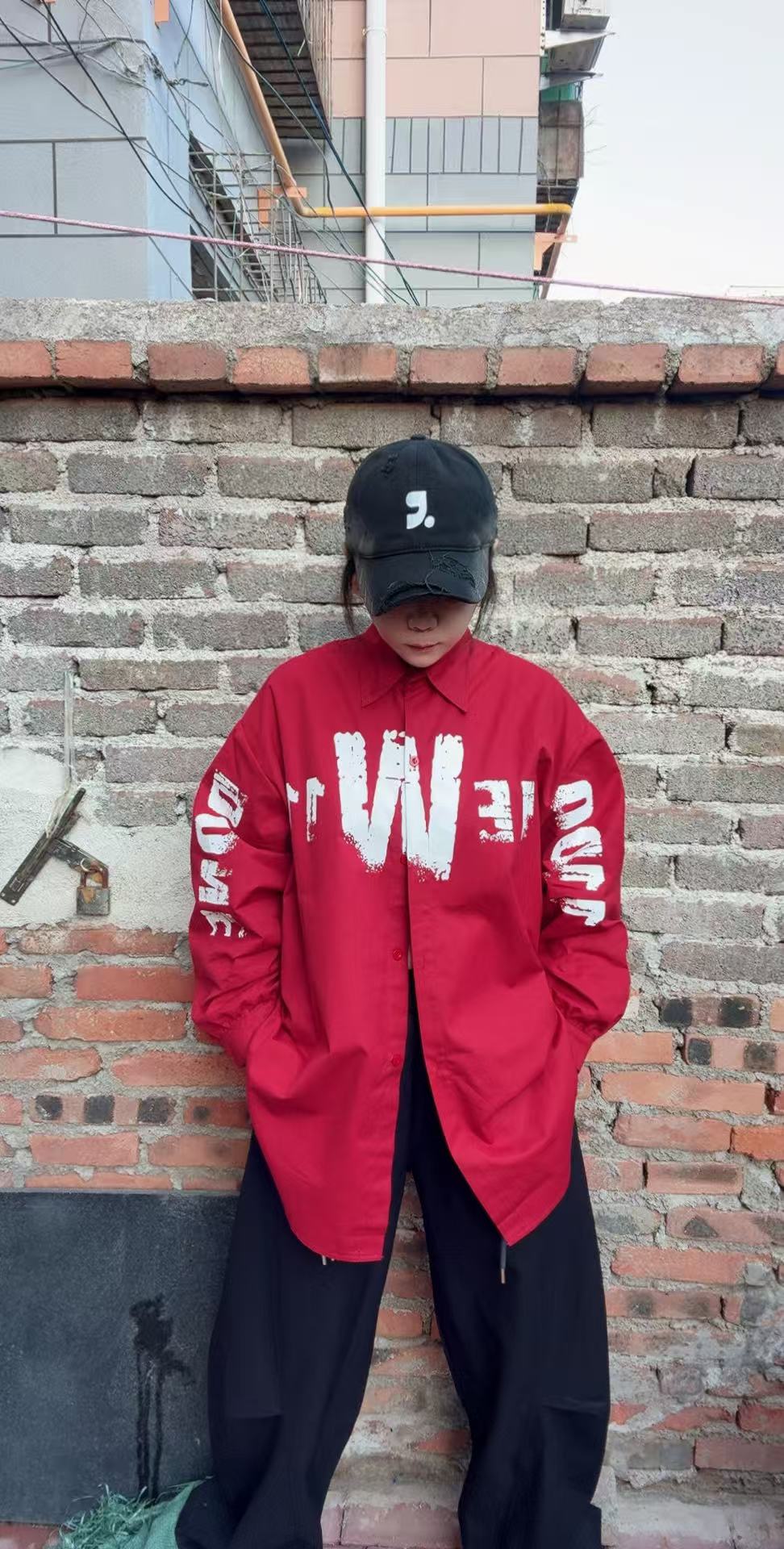 8805#印花做旧秋季字母宽松型长袖衬衫拼接时尚美式