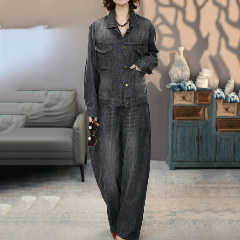 8909黑色套装2025新款长袖外套长裤子百搭上衣牛仔裤