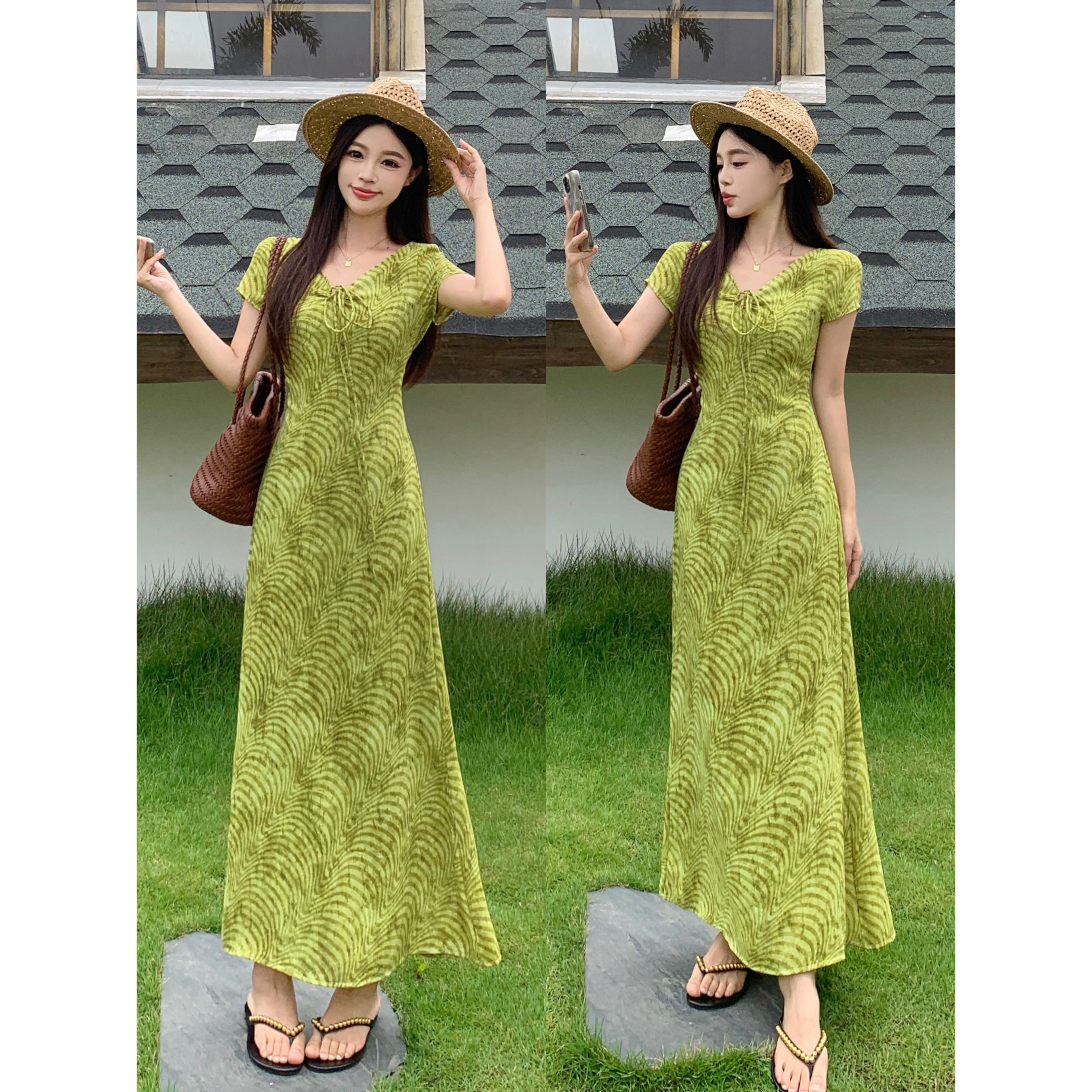 大码V领连衣裙夏日私语度假系列修身显瘦优雅气质碎花短袖中长裙