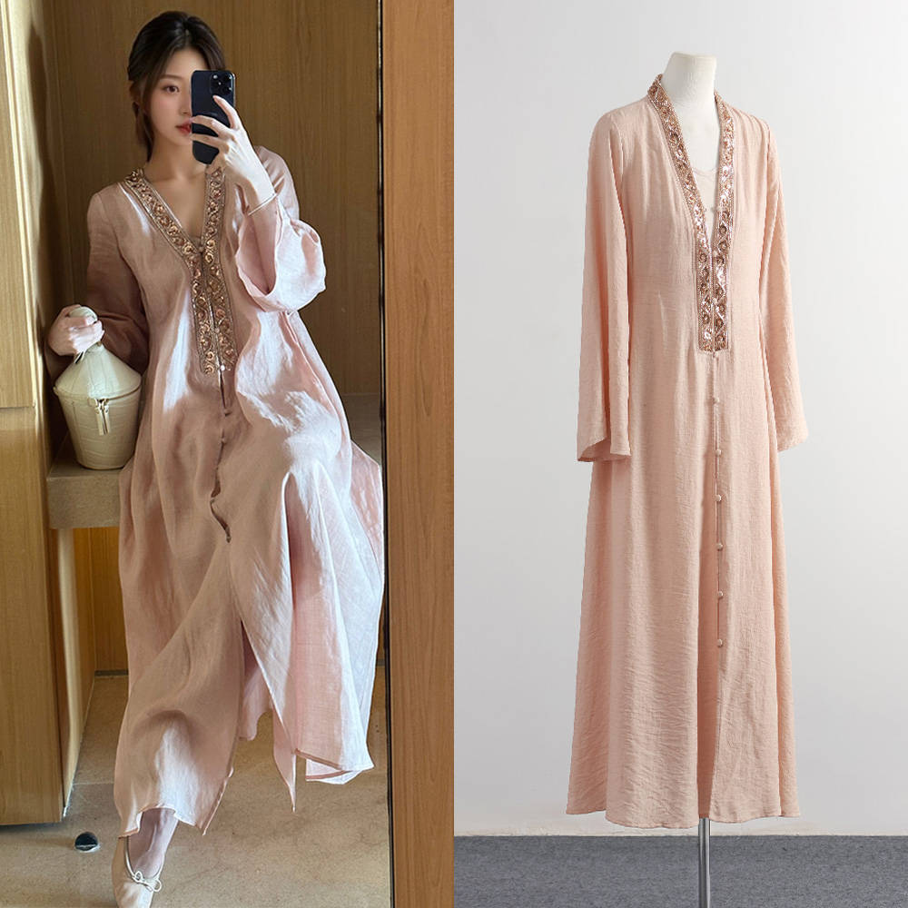 Miss Judy【现货配吊带】新中式国风裸粉色长袖V领苎麻连衣裙气质女