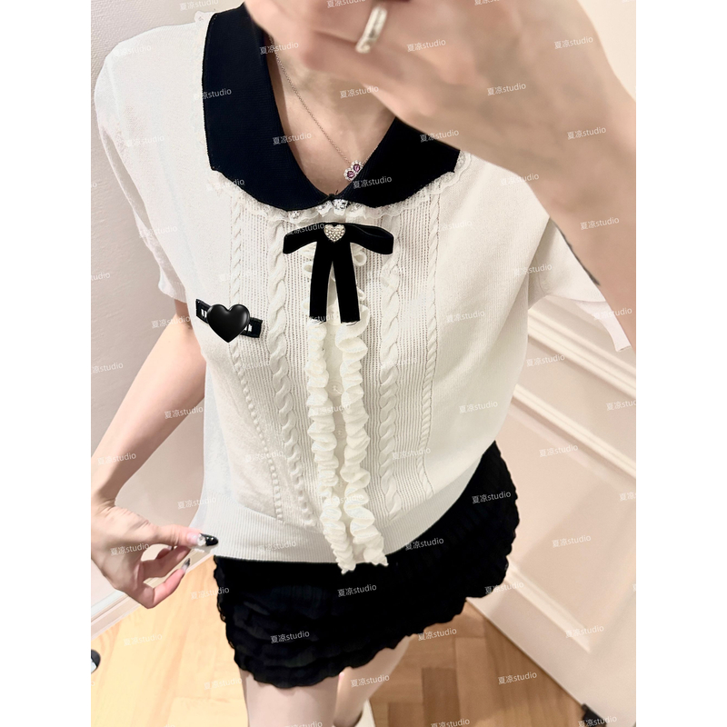 2025夏季上新娃娃领蕾丝字母刺绣法式木耳边针织套头衫A135