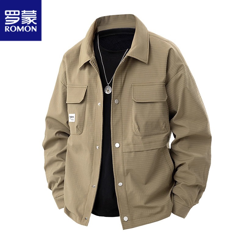 罗蒙大码工装男士休闲夹克春秋季翻领宽松加肥加大胖子男装外套薄