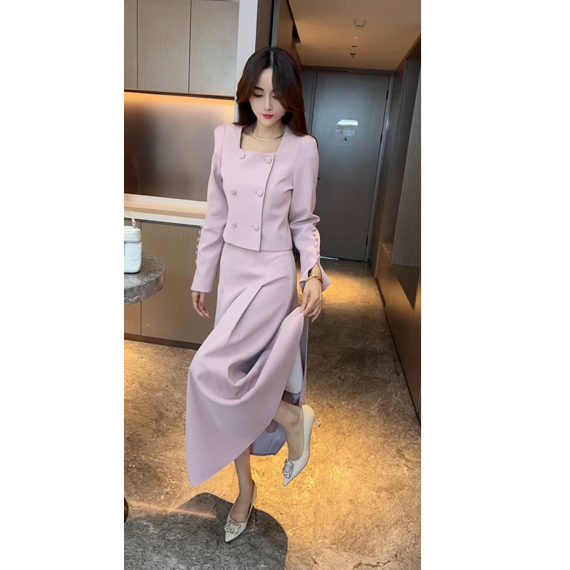 名媛风气质洋气双排扣小西装外套女中长款显瘦伞裙长裙潮