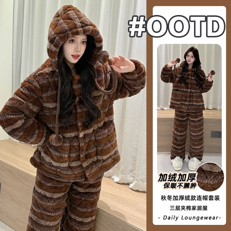 睡衣女三层夹棉加绒加厚2025冬季长毛绒棕色条纹珊瑚绒保暖家居服