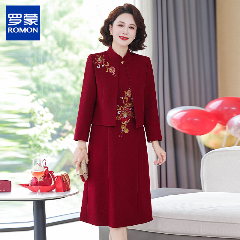罗蒙结婚妈妈礼服秋装新款红色连衣裙两件套中老年喜婆婆婚宴外套