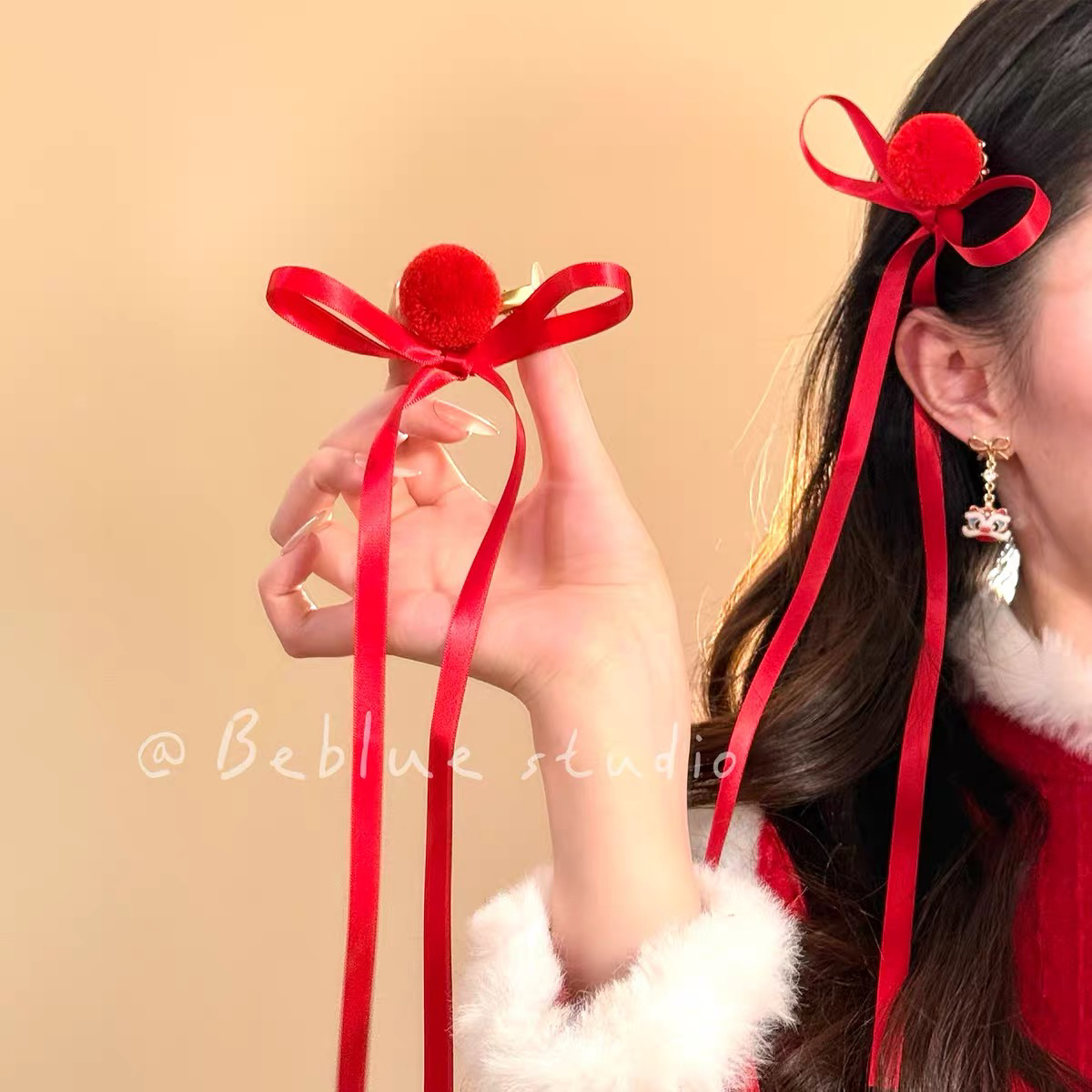 秋冬红色毛绒蝴蝶结飘带发夹新年喜庆发饰精致甜美头饰