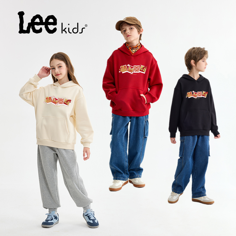 LeeKids童装红色卫衣男童冬季一体绒连帽上衣儿童时尚打底衫冬装