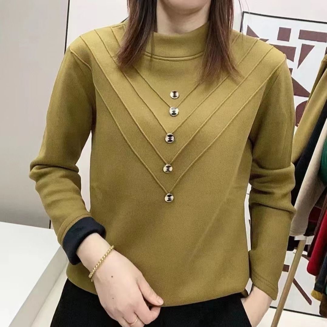 加绒加厚高档打底衫女秋冬一体绒发热保暖德绒半高领上衣女