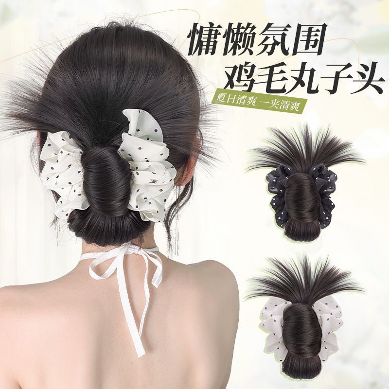韩系波点假发女款抓夹低丸子头自然蓬松发包假发