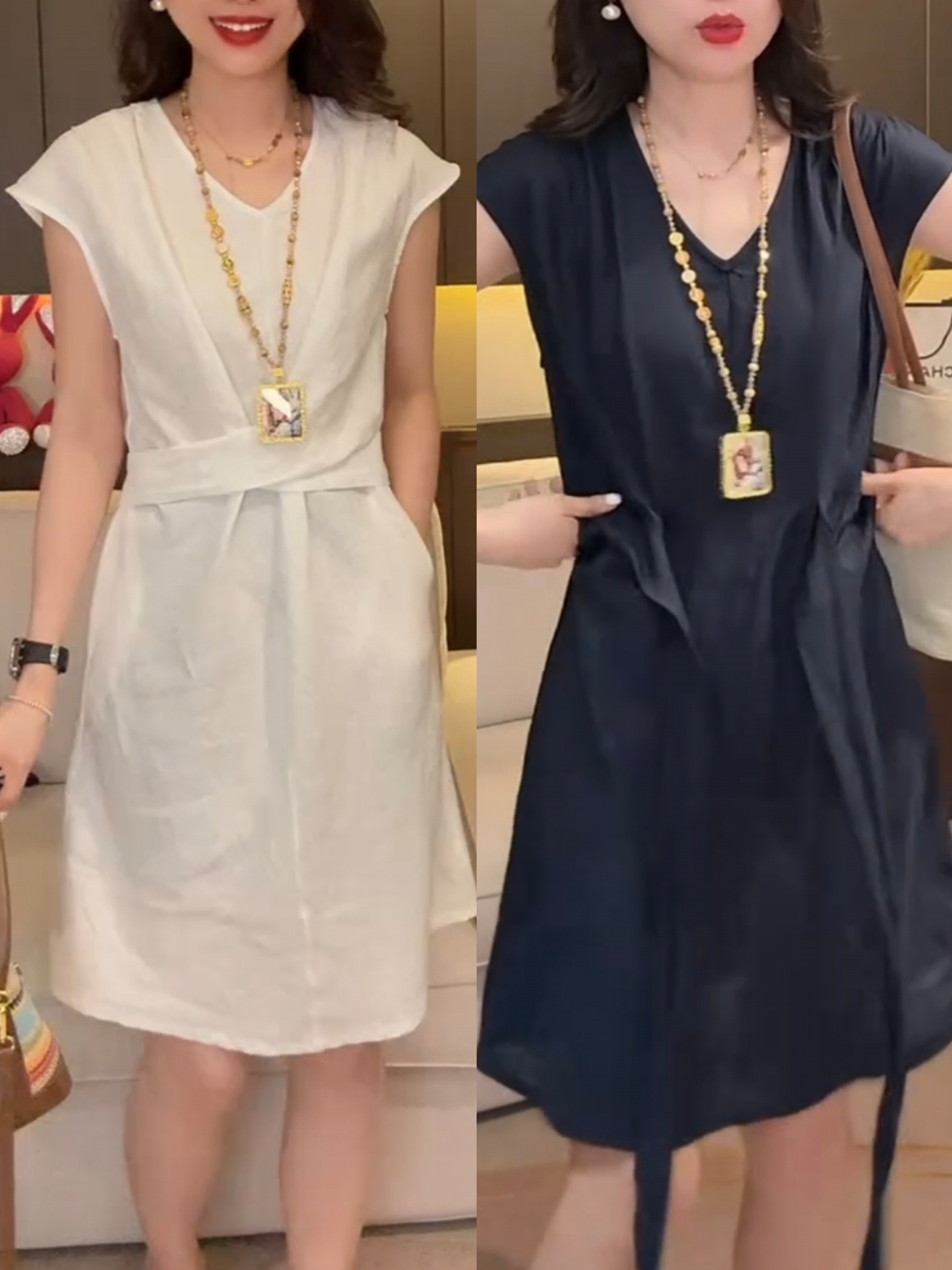 夏季新款薄款轻奢时尚飞袖棉麻连衣裙宽松收腰绳显瘦洋气减龄女裙