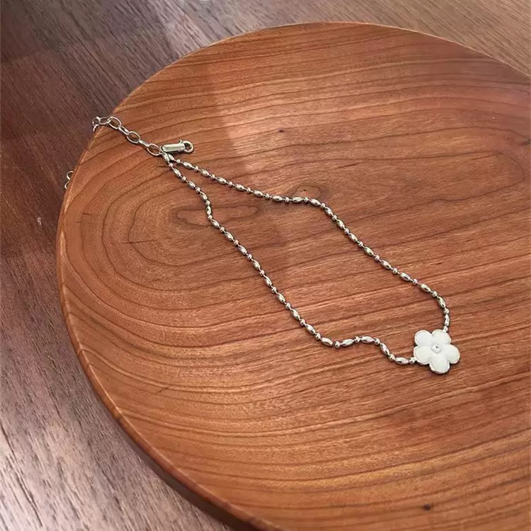 合金项链 滴釉小花朵设计感叠带镶钻米粒圆珠串珠项链小众锁骨链