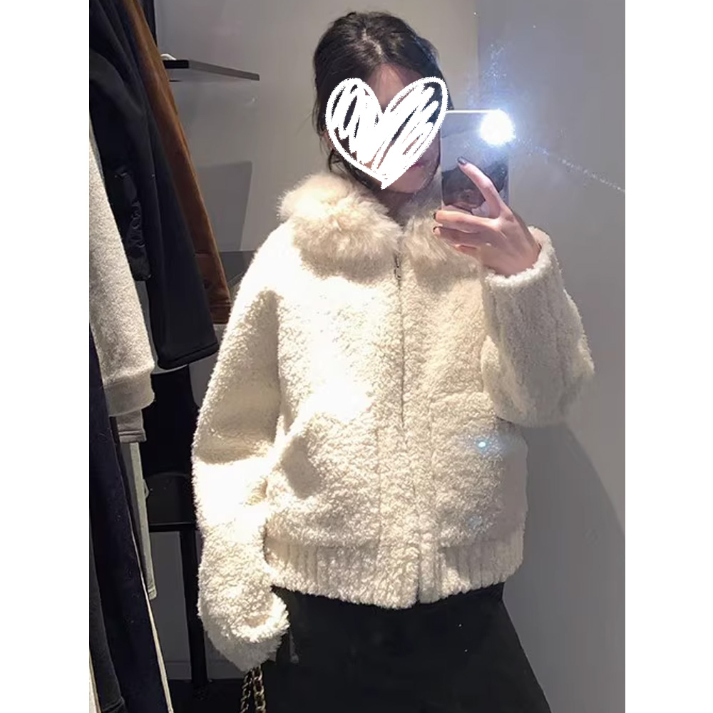 韩系简约米白毛毛外套女秋冬新款宽松休闲ins韩版冬日羊羔毛开衫