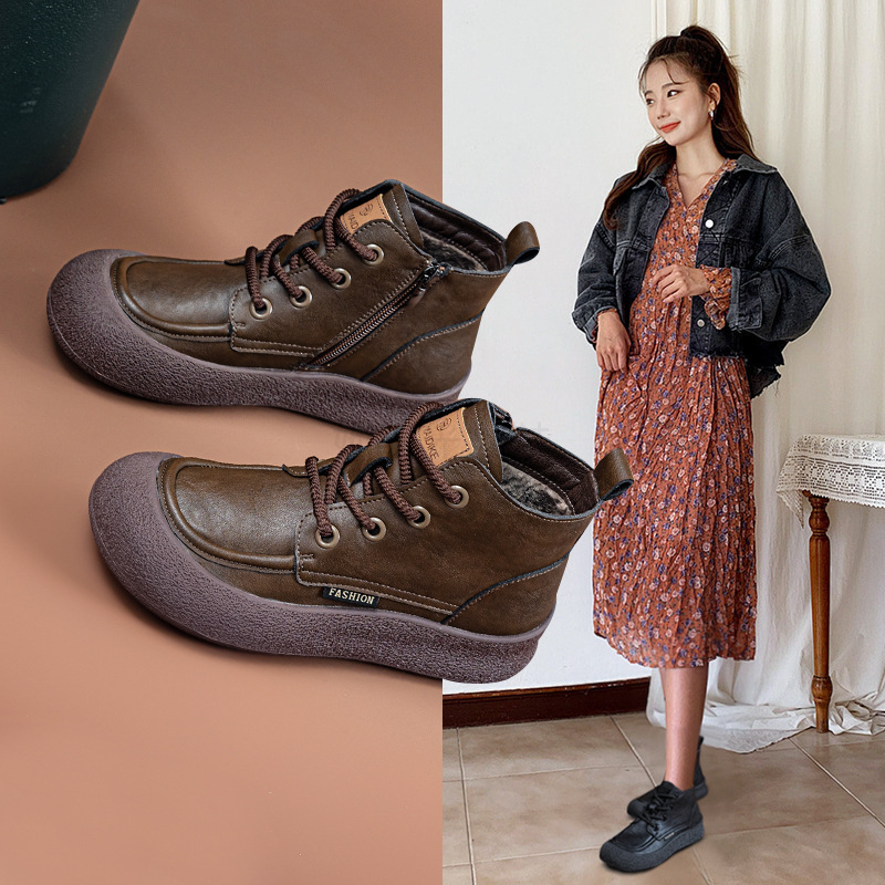 时尚复古文艺软皮厚底马丁靴软底2025英伦风侧拉链系带爆款小棉靴