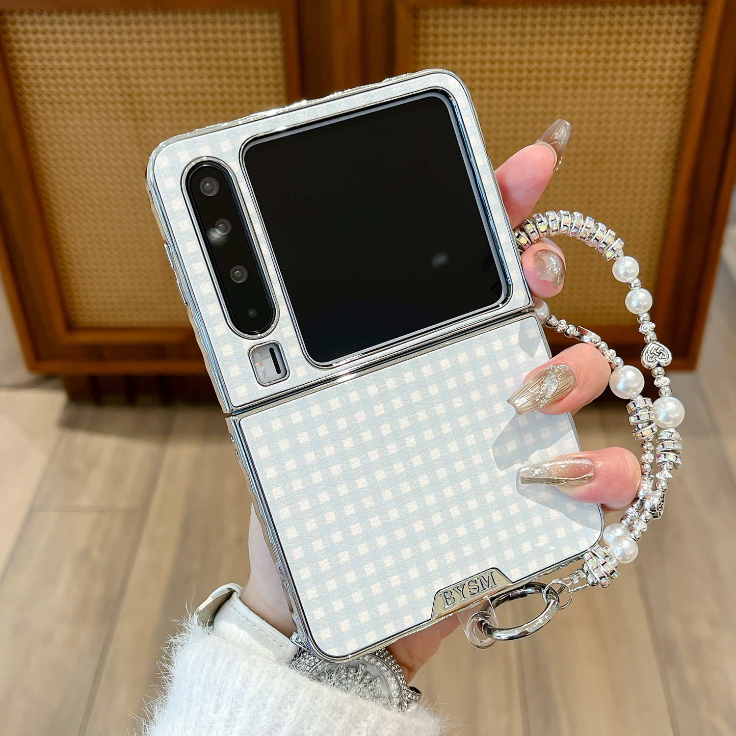 适用华为purax手机壳电镀秋冬韩式格子皮纹pocket2折叠女款保护套