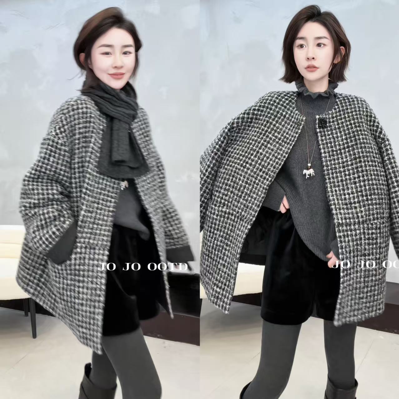 玖了个玖 2025冬款 极简百搭格纹小香风粗花呢羽绒外套 2511C8315