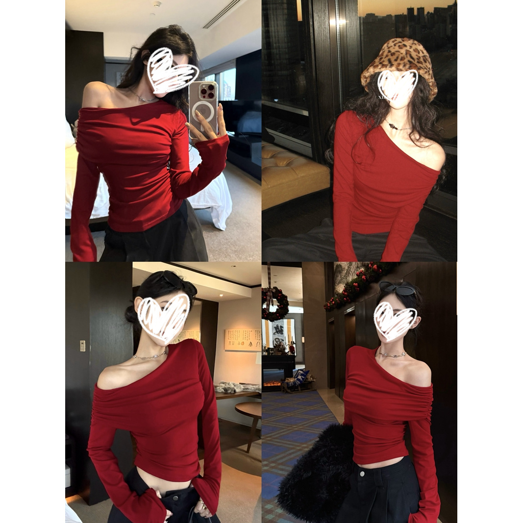 梦优莱网红洋气炸街斜肩褶皱内搭长袖T恤女装秋冬修身显瘦打底衫