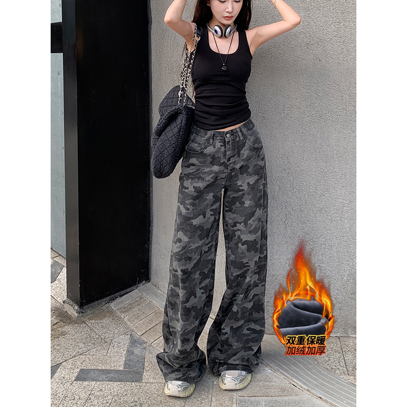 美式街头加绒迷彩阔腿裤女2025冬季新款高腰显瘦显高潮酷牛仔长裤