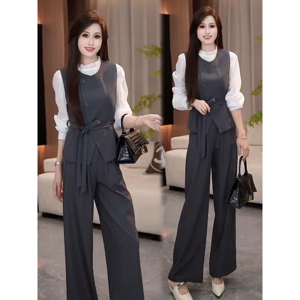 时尚套装女2025早秋新款时髦洋气长袖衬衫马甲阔腿裤气质三件套潮