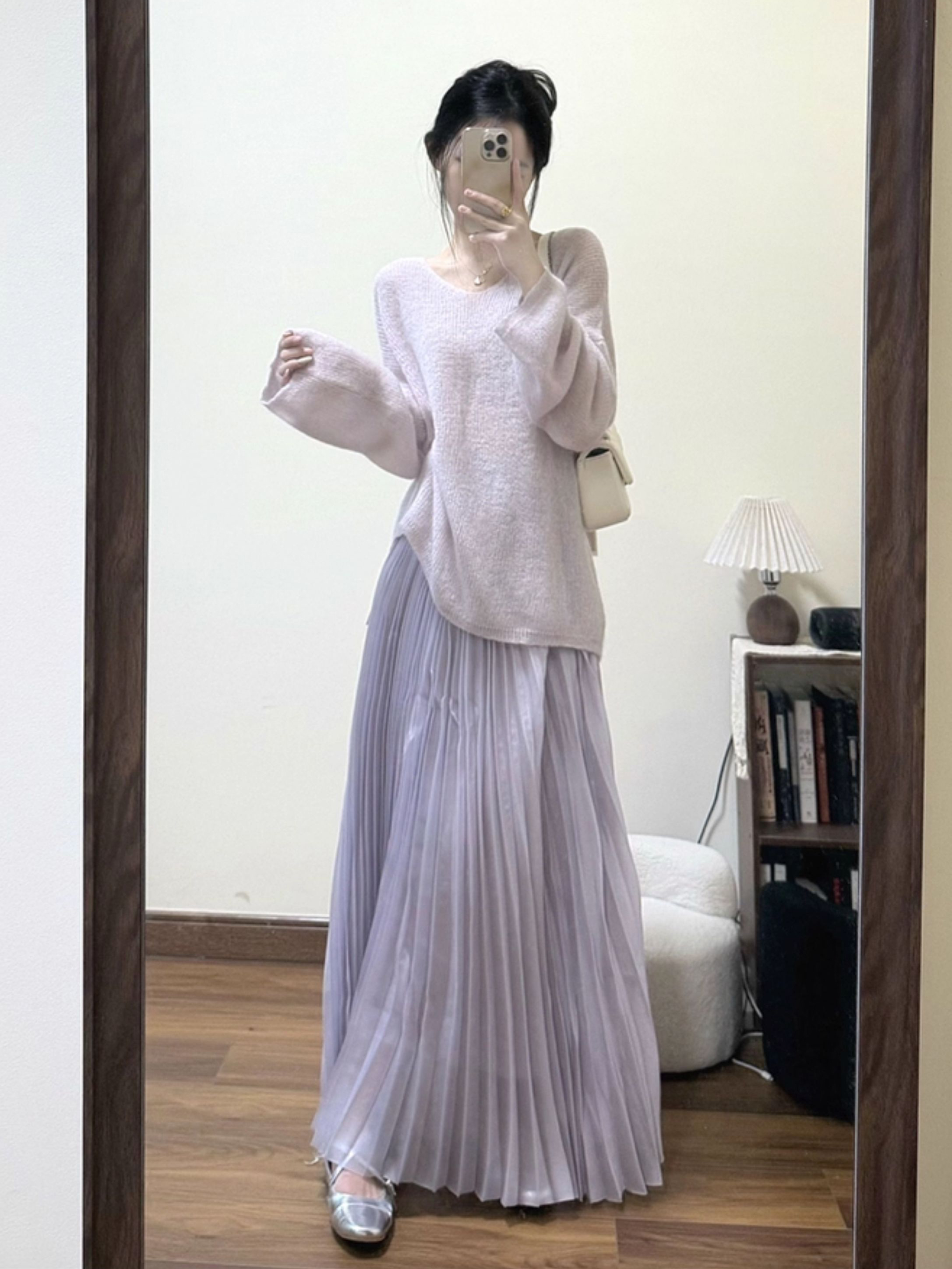 韩系紫色小个子秋季氛围感2025新款穿搭毛衣搭配紫色半身裙一整套