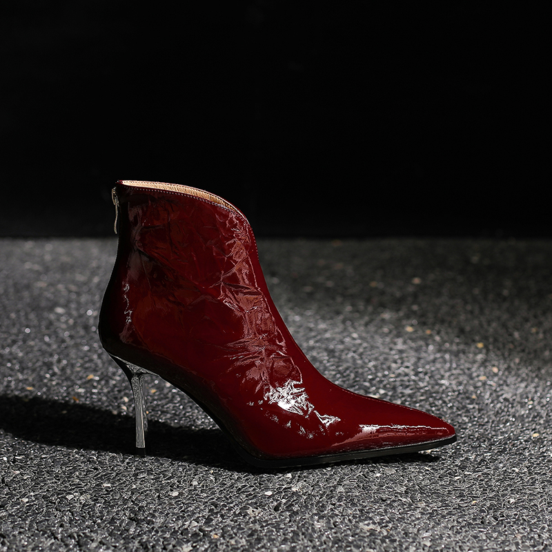 迈露迪秋法式高跟细跟后拉链尖头冬短靴粗跟明星同款网红鞋子805