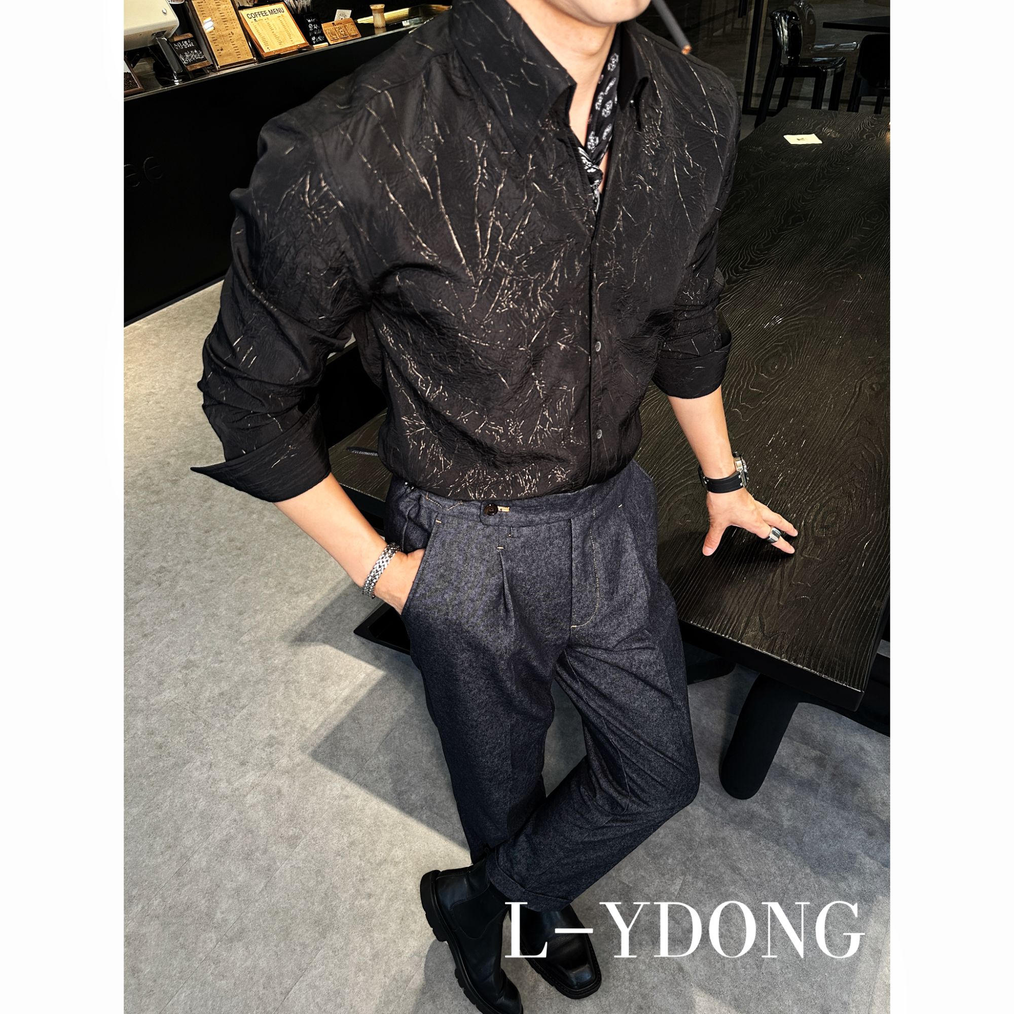 L-YDONG【黑金裂纹】轻奢老钱风定制暗纹英伦雅痞休闲衬衫9913