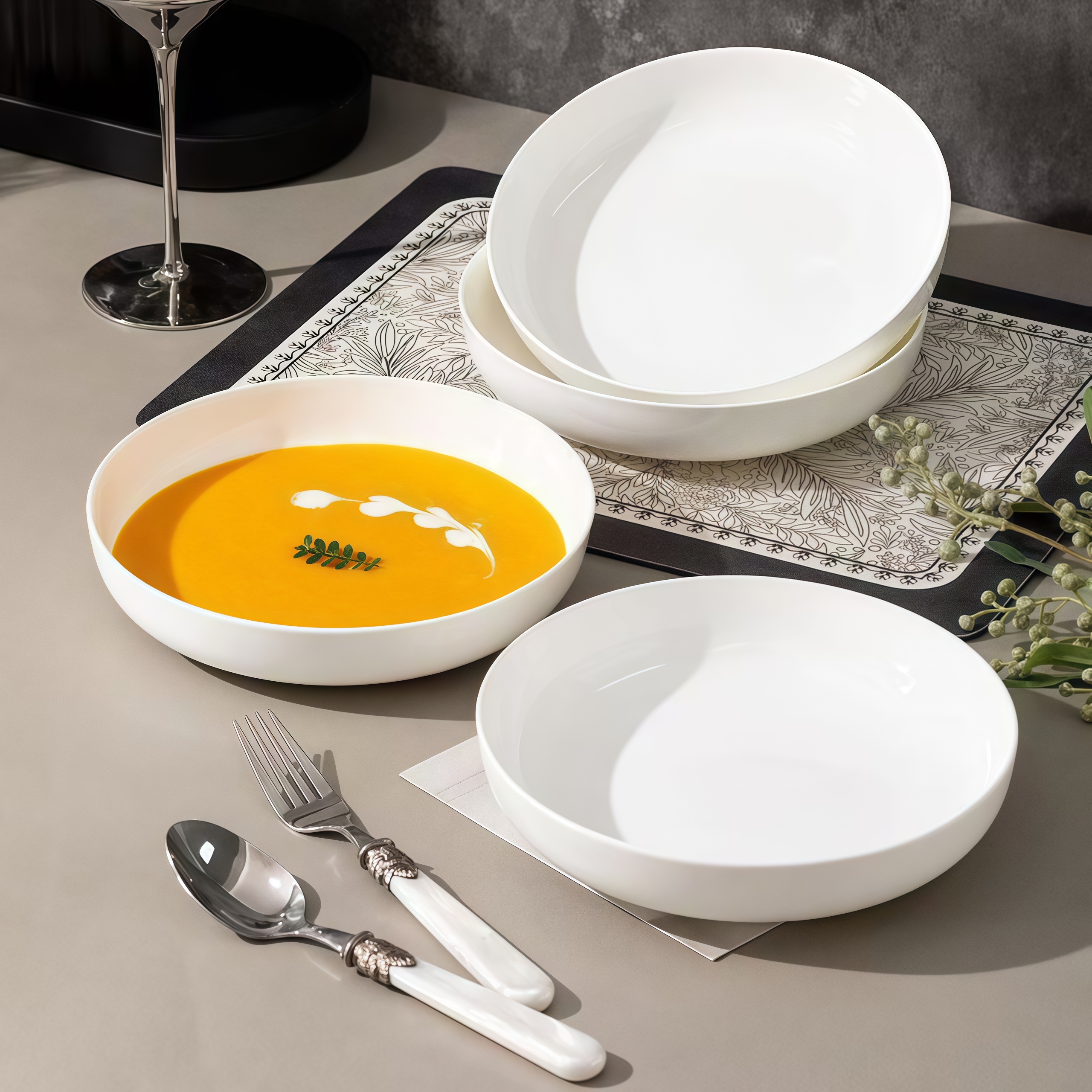 纯白菜盘8英寸家用汤盘蒸蛋骨瓷陶瓷餐具深盘创意盘窝盘加深盘子