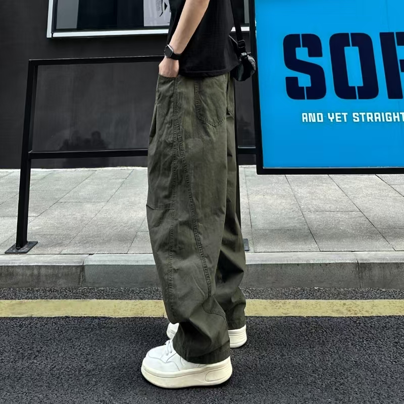 QUALCOMM秋冬美式复古拼接褶皱休闲裤男女宽松直筒阔腿伞兵工装裤