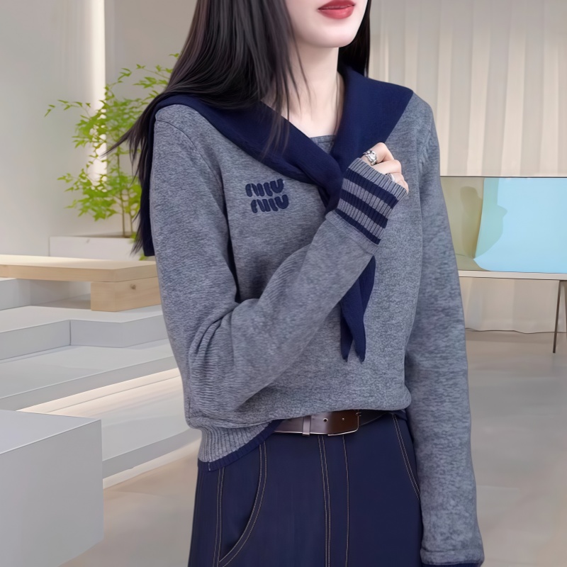 气质海军领假两件针织打底衫女秋冬2025新款休闲上衣字母设计毛衣