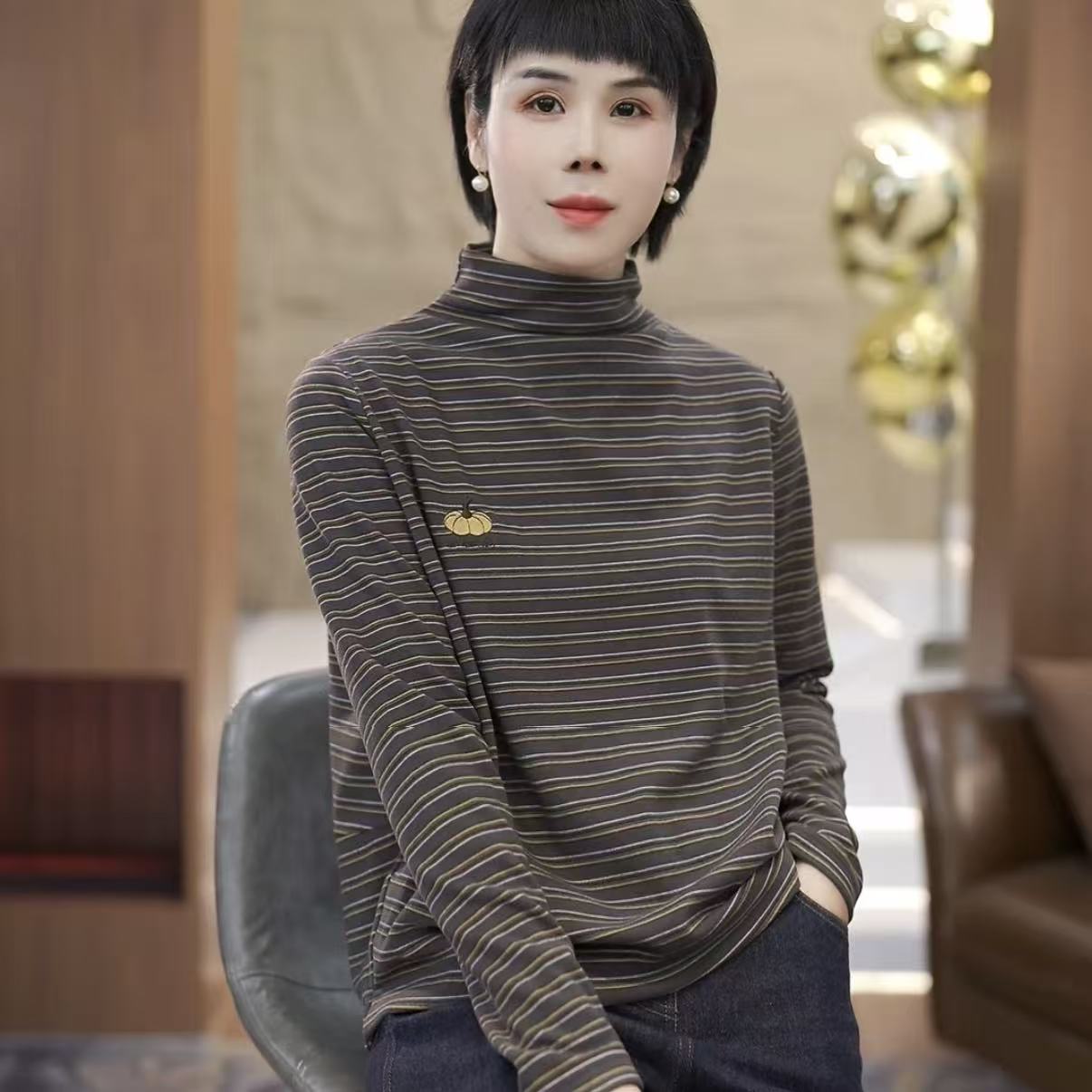 【渲渲推荐】XHR-6229秋季休闲条纹南瓜半高领小衫