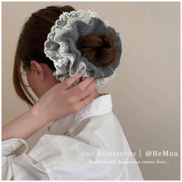 复古双层蕾丝花边大肠发圈女毛线针织扎头发丸子头绳低马尾发饰