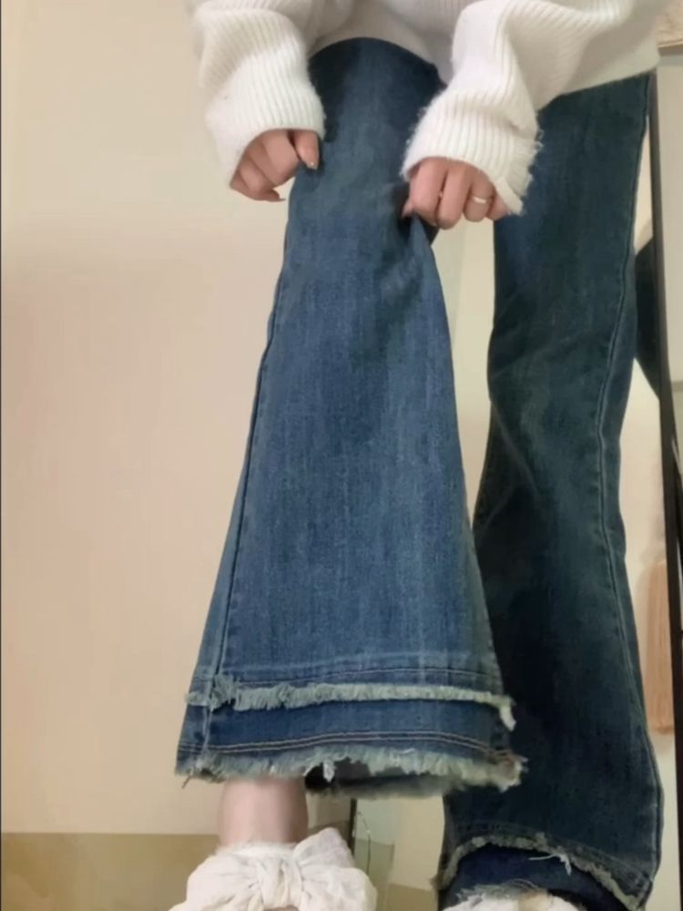 复古毛边微喇牛仔裤女秋季新款梨形身材高腰显瘦小个子喇叭裤长裤