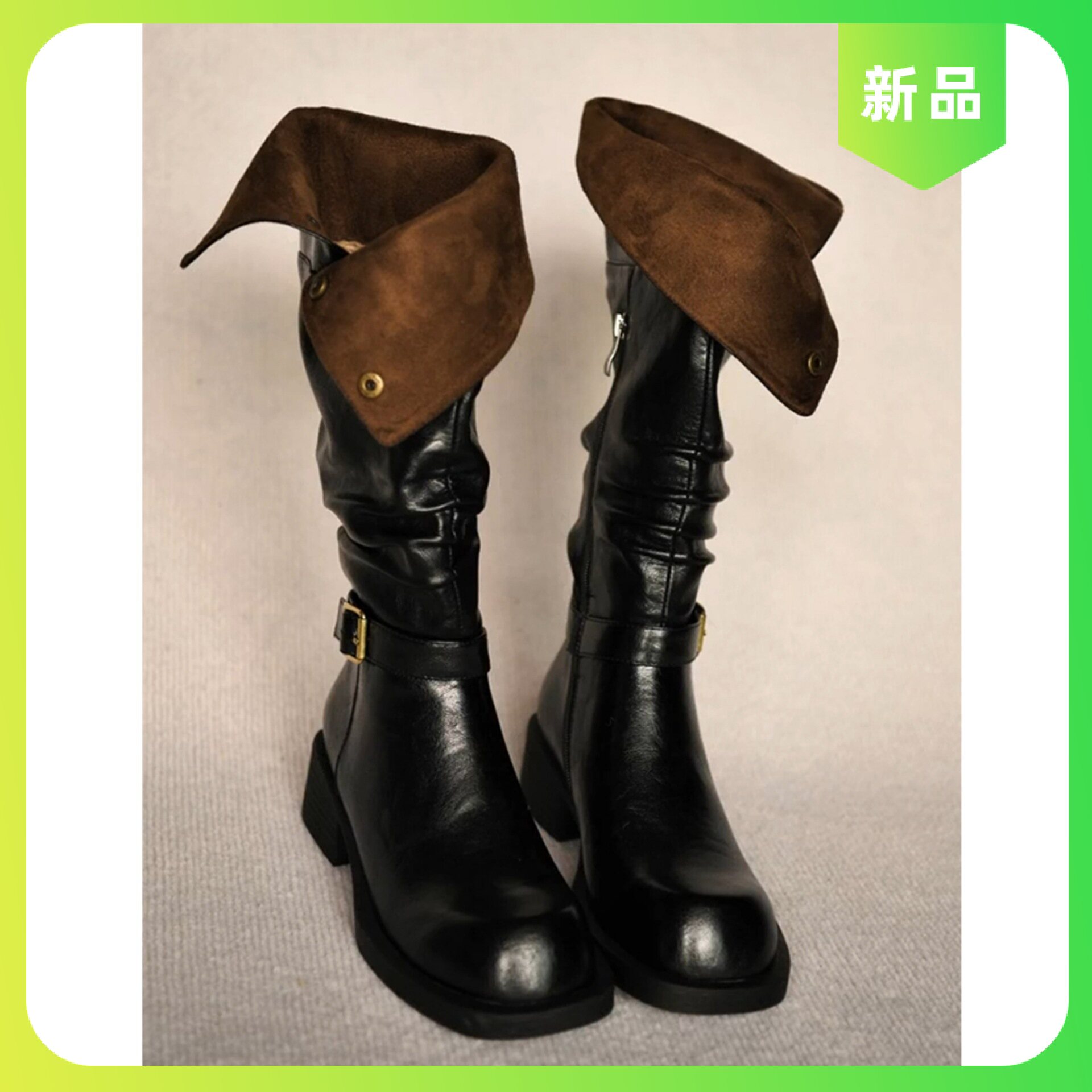 牛皮版~翻领扣带显瘦女高筒粗跟金属骑士靴圆头堆堆长靴棕色两穿