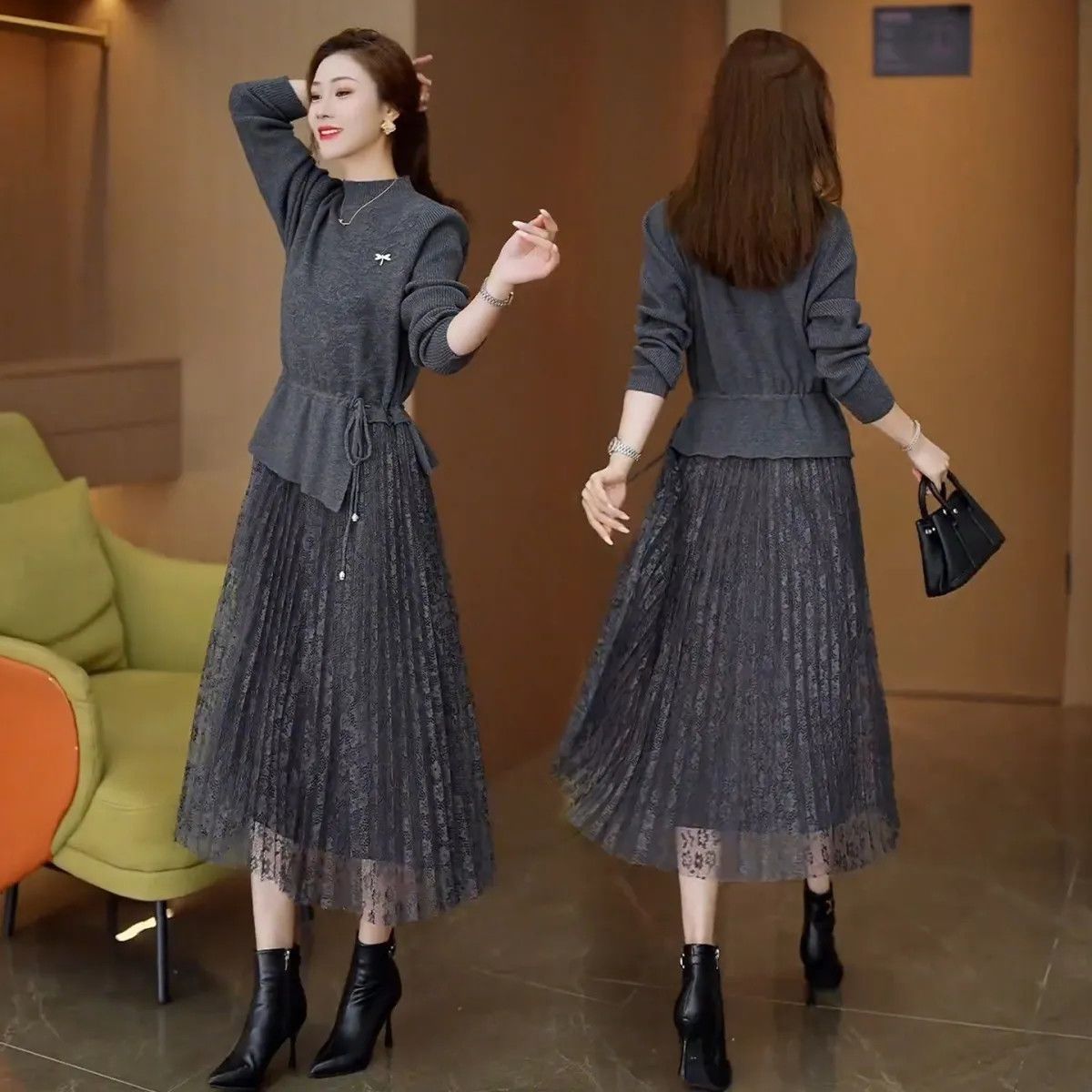 针织连衣裙女2026春秋冬新款时尚洋气拼接中长款假两件加厚打底衫