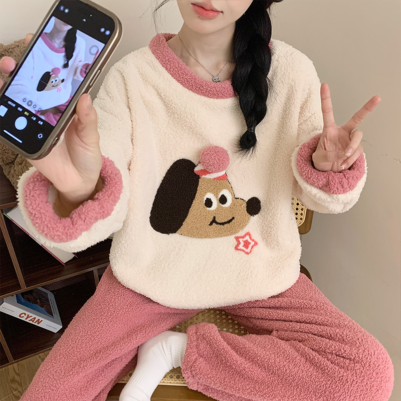 软绵绵半边绒睡衣女冬季加厚加绒珊瑚绒卡通两件套新款保暖家居服
