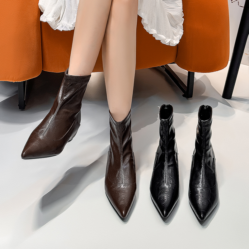 增高短靴四季时尚手抓纹尖头平底短靴英伦风百搭内增高5CM靴子女