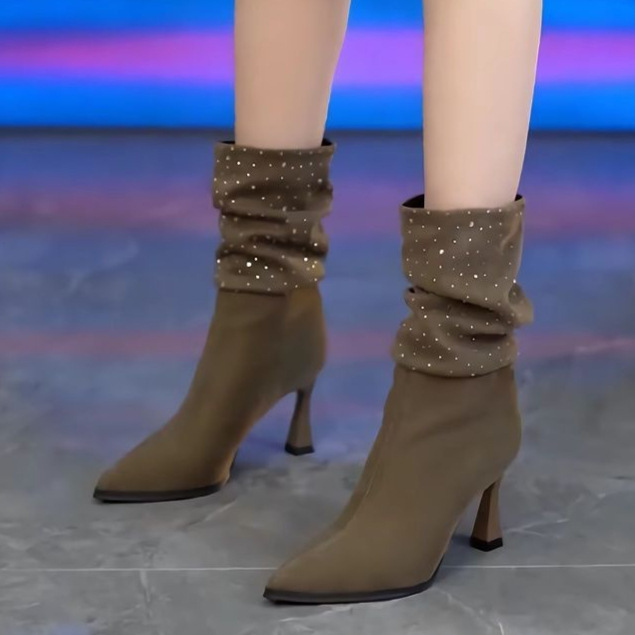 2025秋冬新款尖头短筒瘦瘦靴细跟百搭短靴欧美气质时尚高跟堆堆靴