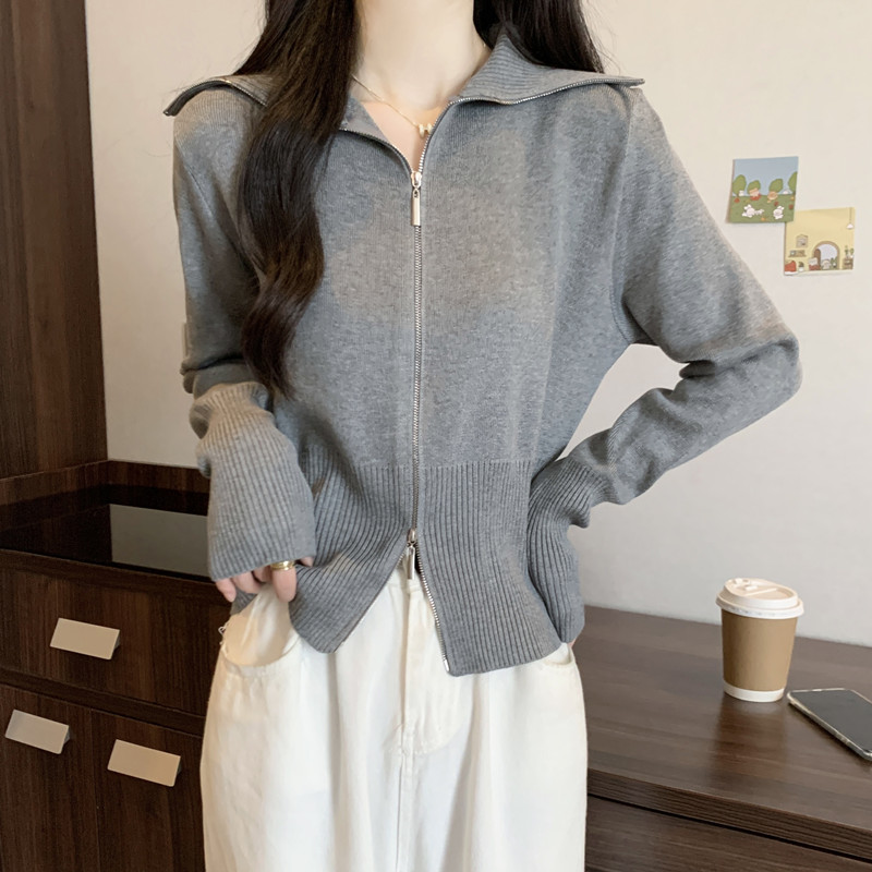 大码法式翻领双拉链针织衫女秋冬胖MM设计感时尚显瘦外穿毛衣外套