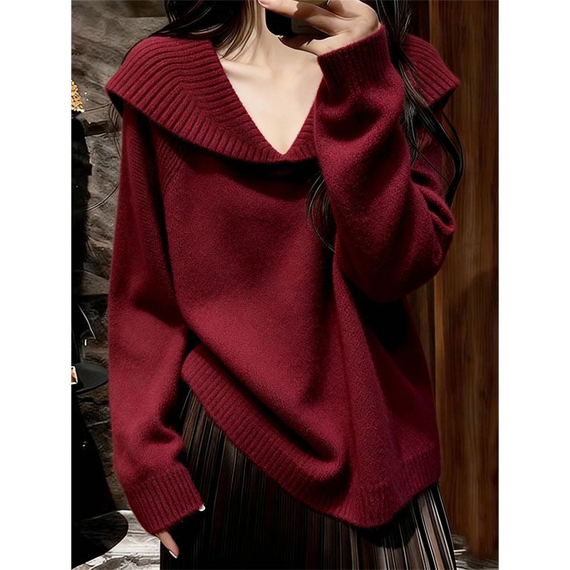 2025秋冬季新款女装翻领红色毛衣高级感慵懒风减龄套头针织衫爆款