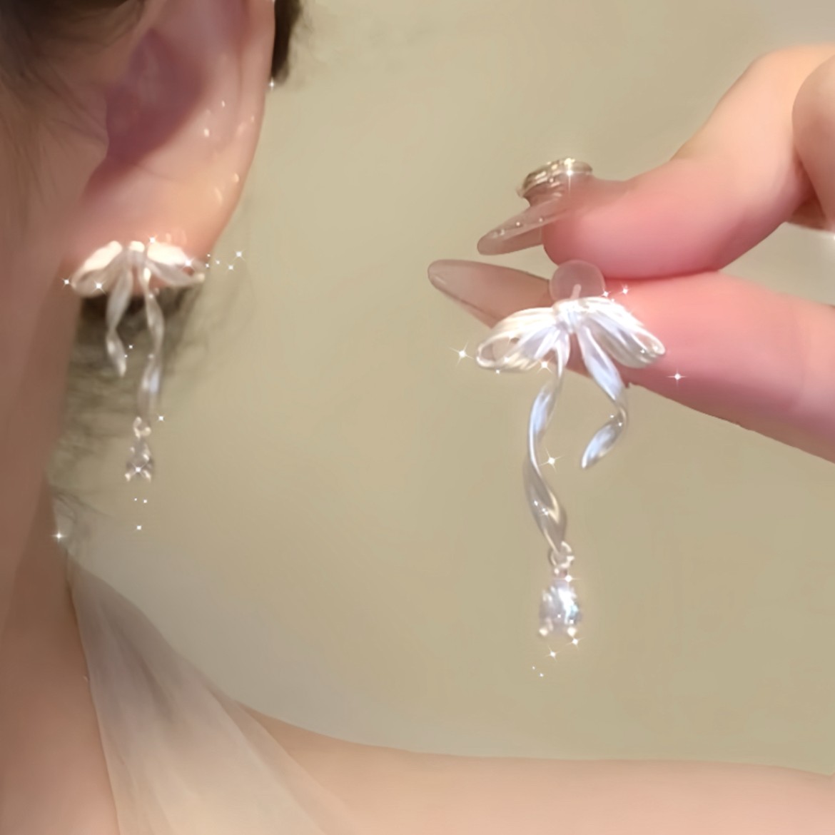 SAPTEFAMOU 925银耳饰 少女感蝴蝶结甜美耳环女精致无耳洞耳夹