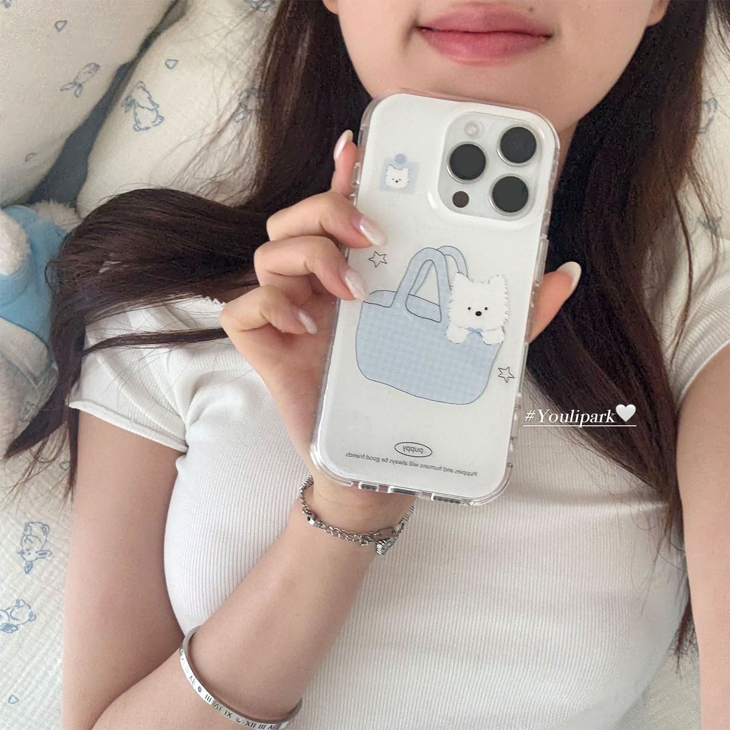 IMD蓝色购物袋小狗适用iPhoneXR苹果华为小米OPPOVIVO大孔手机壳