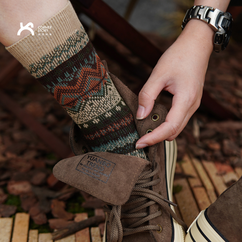 男士袜子复古咔叽风大菱格中筒袜精梳棉无骨对目高端工装男长袜