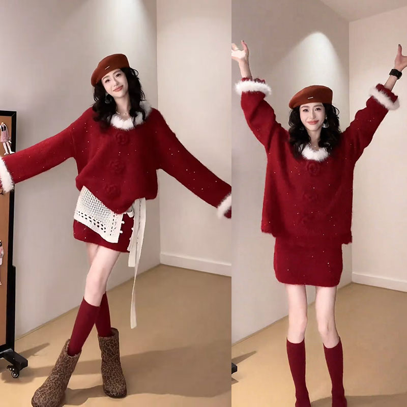 超火一整套2026秋冬新款时尚甜美减龄气质百搭毛衣短裙两件套