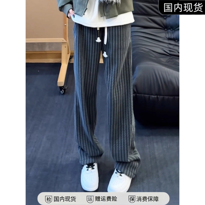 雪尼尔鱼骨条纹加绒裤子男款秋冬cleanfit直筒裤显瘦运动休闲长裤