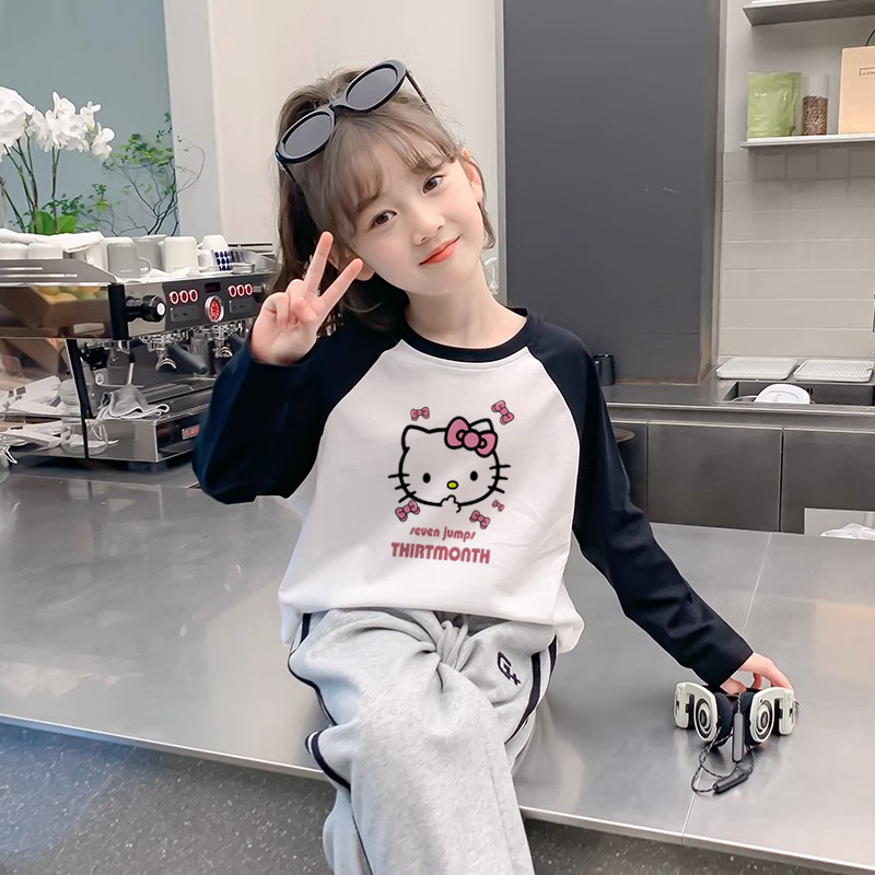 女童洋气插肩袖上衣2025春秋新款儿童长袖t恤中大童卡通打底衫ins