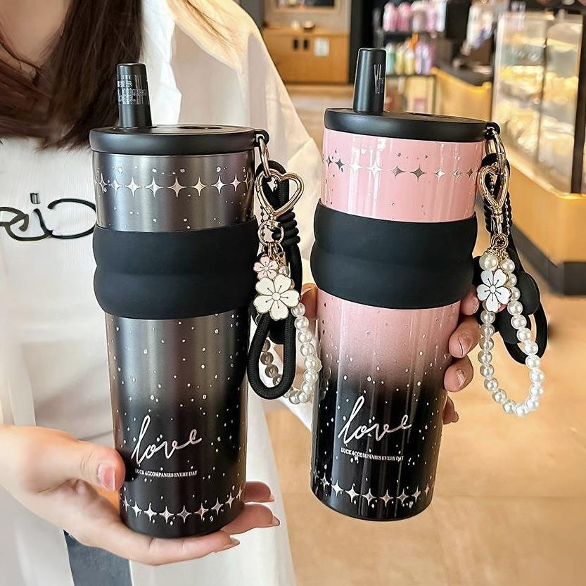 新款高颜值保温杯女生泡茶办公家用吸管杯抗菌陶瓷内胆不锈钢水杯