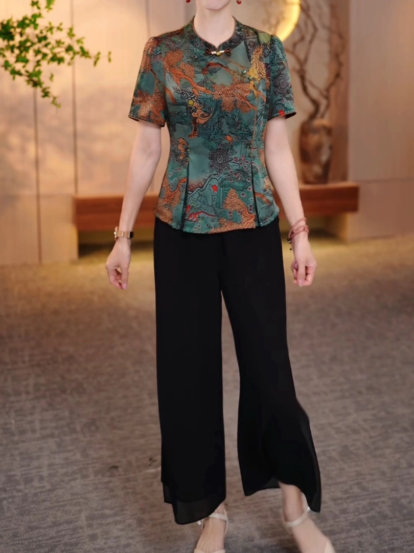 真两件套夏季气质显瘦大码中老年妈妈装中式国风旗袍衫阔腿裤套装