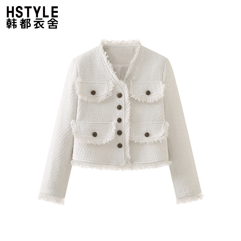 韩都衣舍法式高级感洋气V领气质毛边假口袋小香风短款外套女春季