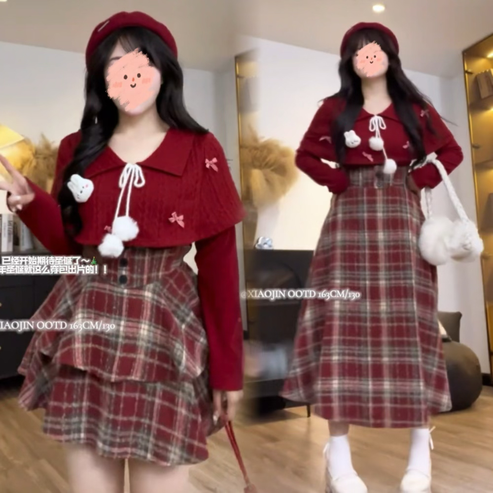 【运费补贴】大码圣诞小兔千金风polo领针织毛衣女秋冬红色套装9517